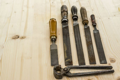 High angle view of tools on table