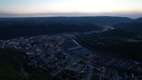 High angle view of townscape against sky during sunset