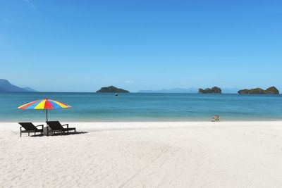 Scenic view of beach against clear blue sky