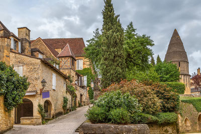 Plants by historic building against sky