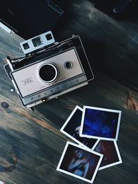 High angle view of camera on table
