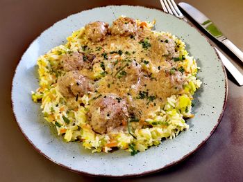 High angle view of food in plate on table