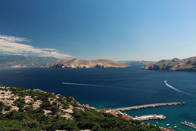 High angle view of sea against blue sky