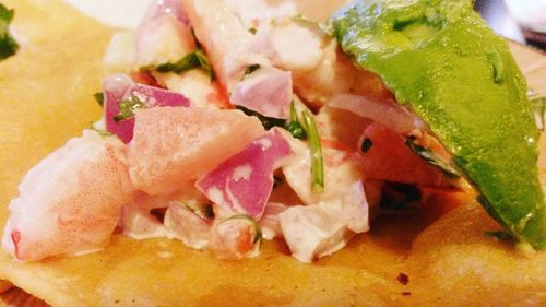 Close-up of served food in plate