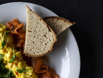 High angle view of breakfast served on table