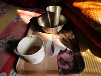 High angle view of breakfast on table