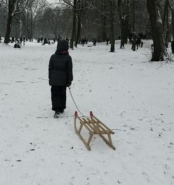 Rear view of person on snow covered landscape