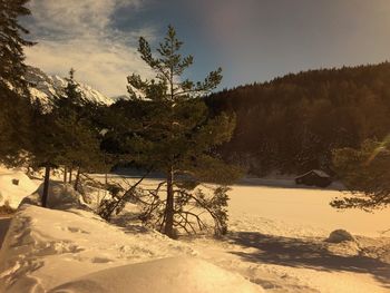 Scenic view of snow covered land against sky