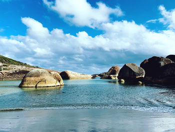 Panoramic view of sea and rocks against sky