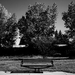 Empty bench in park against sky