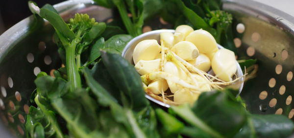 High angle view of chopped vegetables in bowl