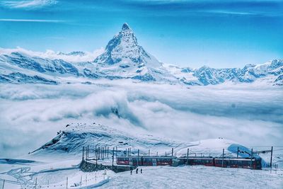 Scenic view of snow covered mountains against sky