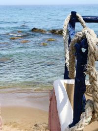 Close-up of rope on beach against sky