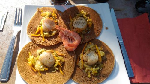 High angle view of breakfast served on table