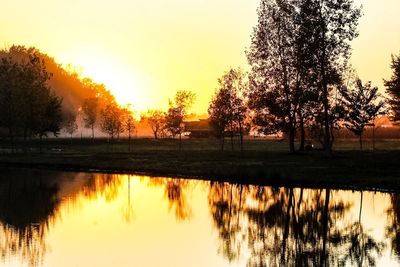 Silhouette trees by lake against sky during sunset