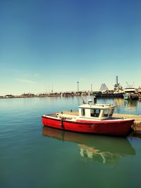 Boats moored at harbor against clear sky