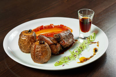 Close-up of meal served on table