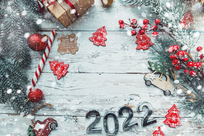 High angle view of christmas tree on table