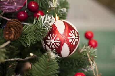 Close-up of christmas decorations hanging on tree