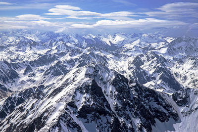 Aerial view of snowcapped mountains against sky