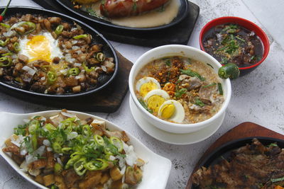 High angle view of food in bowls on table