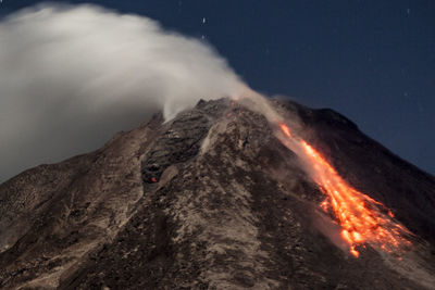 Low angle view of volcanic mountain against sky