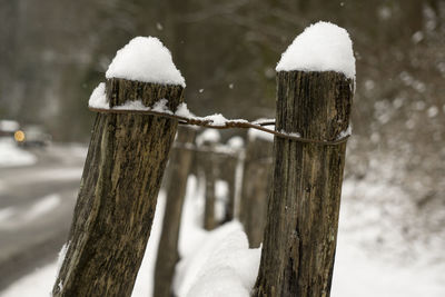 Close-up of wooden post on snow covered landscape