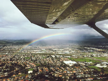 Aerial view of rainbow over city buildings