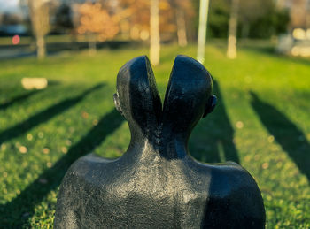 Close-up of horse statue on field