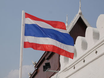 Low angle view of flag against building