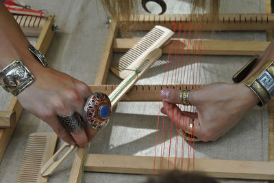 High angle view of man working on wood