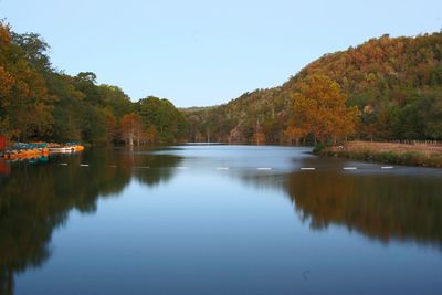 Scenic view of lake by trees against clear sky