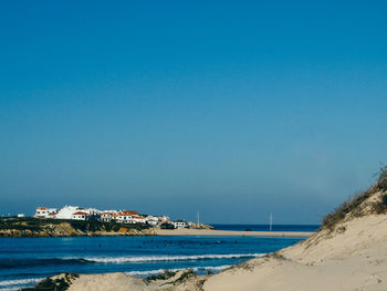 Scenic view of sea against clear blue sky