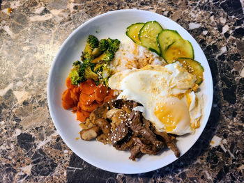 High angle view of food in plate on table