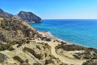 Scenic view of sea against clear blue sky