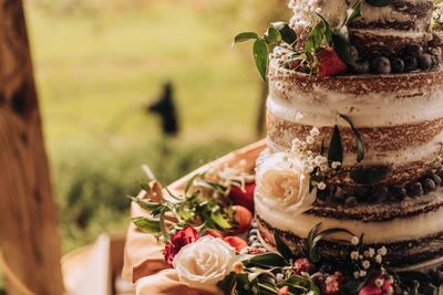 Close-up of cake served on table