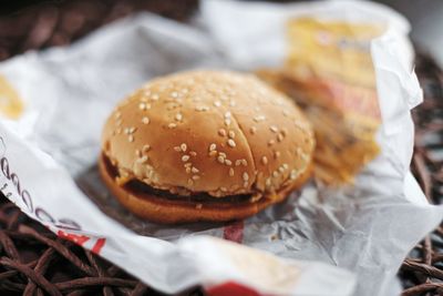 Close-up of burger on table