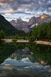 Scenic view of lake and mountains against sky