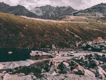 High angle view of landscape and mountains