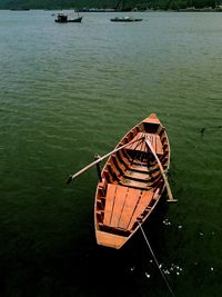 High angle view of boat moored in calm sea