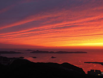 Scenic view of sea against dramatic sky during sunset