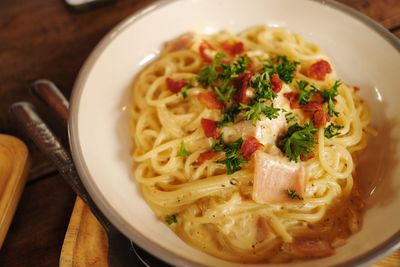 High angle view of noodles served in bowl