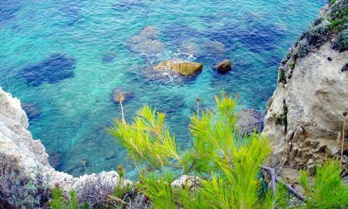 High angle view of rocks in sea