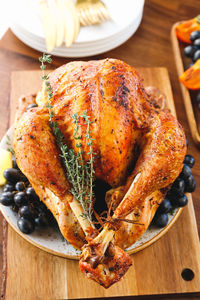 Close-up of roast turkey on table