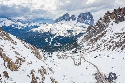 Scenic view of snow covered mountains against sky