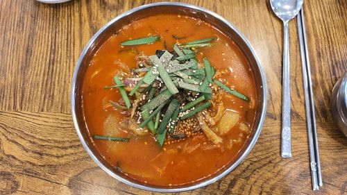 High angle view of soup in bowl on table