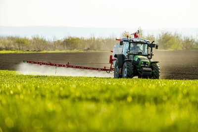 Farmer spraying fertilizer on crop in farm