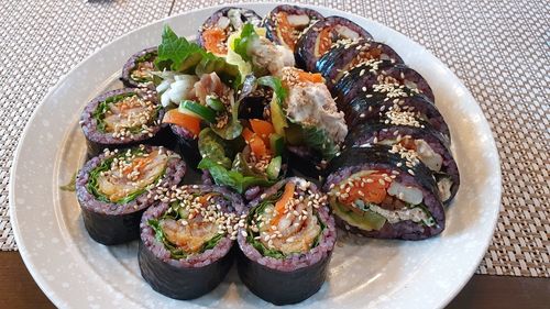 High angle view of food in plate on table