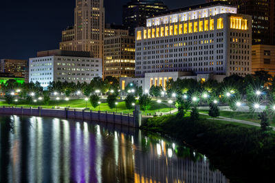 Illuminated buildings in city at night