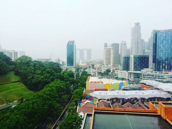 High angle view of buildings in city against clear sky